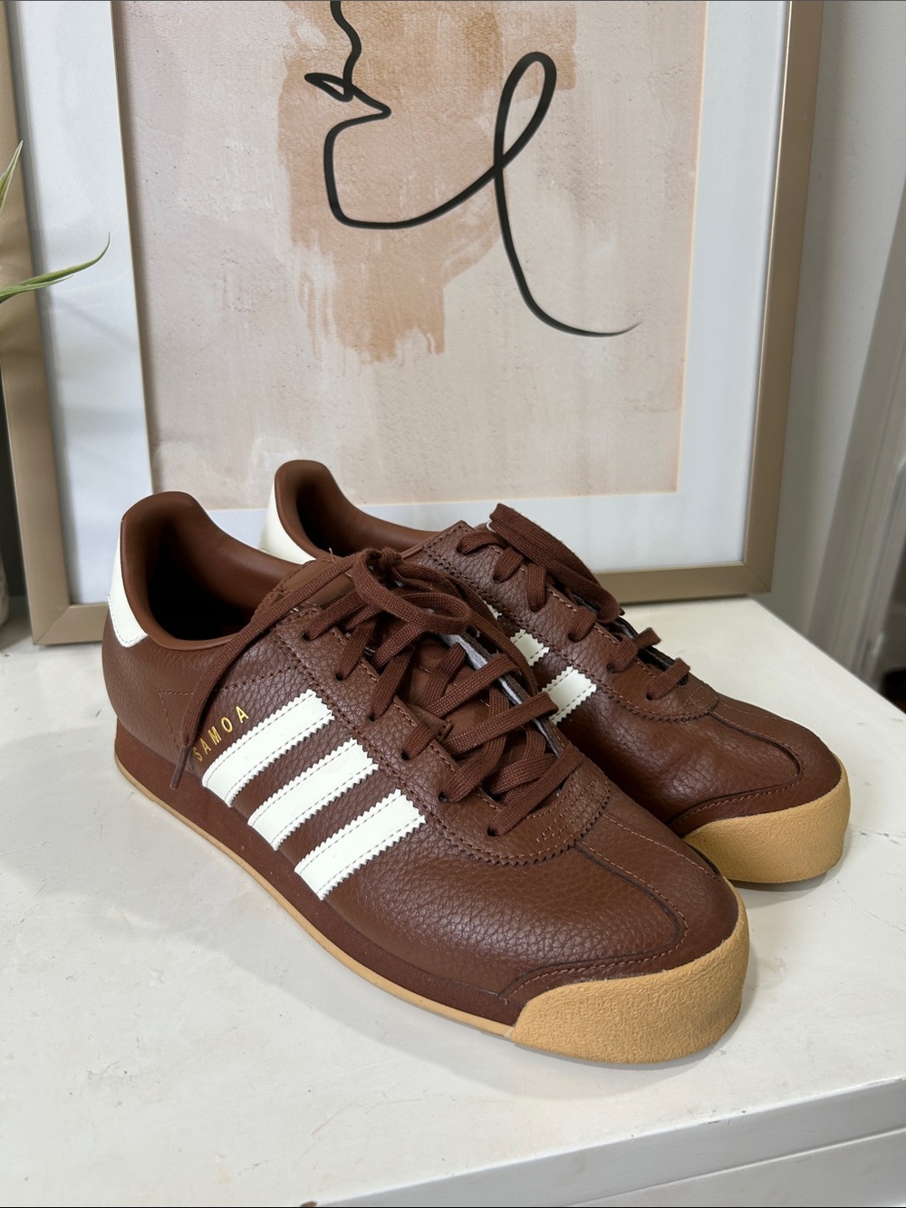 adidas Brown Leather Samoa Sneakers with White Stripes